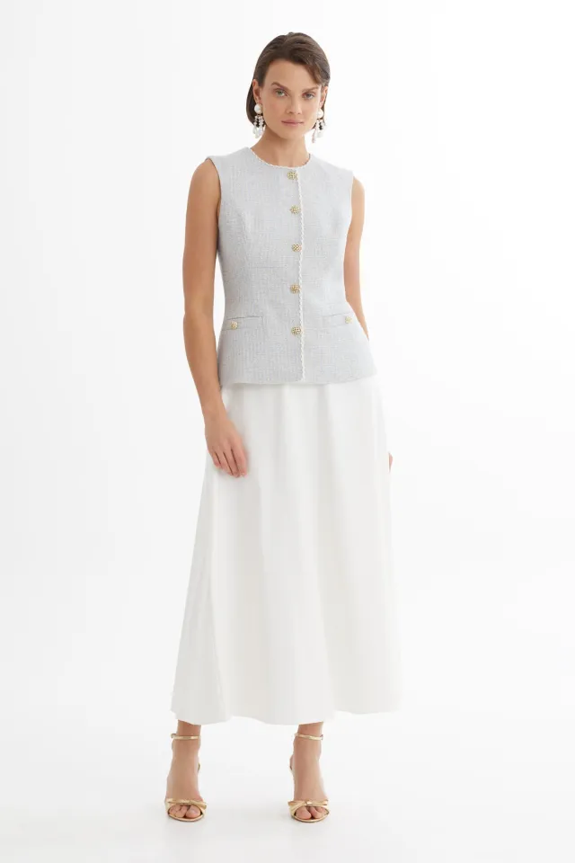 Blue Vest and Skirt Set with Bias-Trim Detail