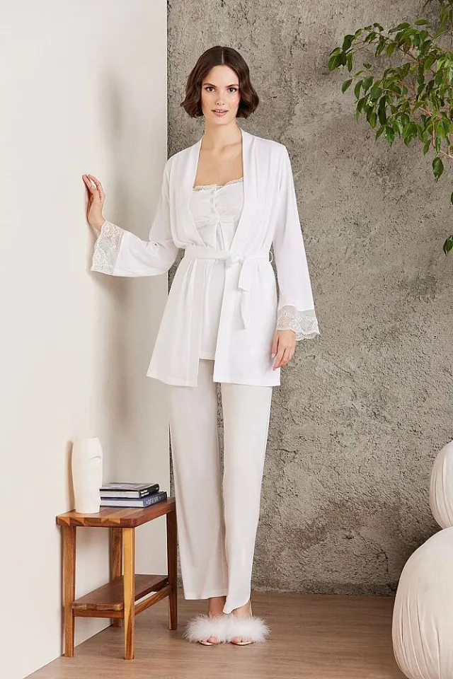 Pierre Cardin Lace-Trim Three-Piece Maternity Pajama Set 2805, Ecru
