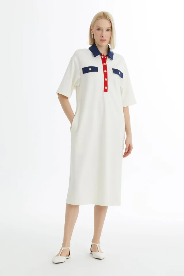 Snap Closure A-Line Ecru Dress