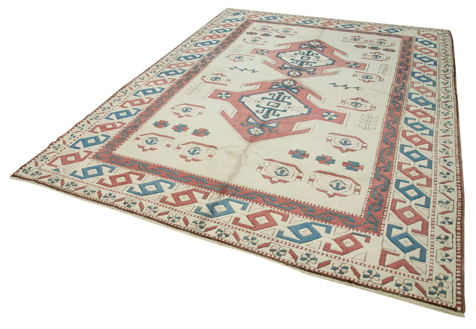 Cream Blue Classic Geometric Living Room Rug - Wool Handwoven 237x336 cm